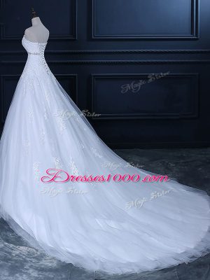 Traditional Lace Up Wedding Dresses White for Wedding Party with Beading and Lace Court Train