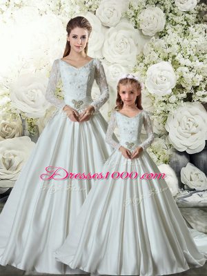 White V-neck Lace Up Lace and Belt Quinceanera Dress Chapel Train Long Sleeves