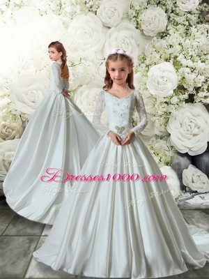 White V-neck Lace Up Lace and Belt Quinceanera Dress Chapel Train Long Sleeves
