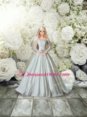 White V-neck Lace Up Lace and Belt Quinceanera Dress Chapel Train Long Sleeves