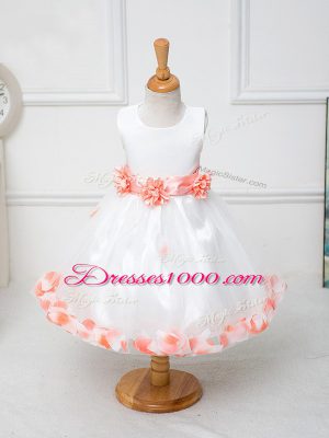 Tulle Sleeveless Knee Length Flower Girl Dresses for Less and Appliques and Bowknot and Hand Made Flower
