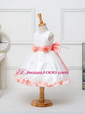 Tulle Sleeveless Knee Length Flower Girl Dresses for Less and Appliques and Bowknot and Hand Made Flower