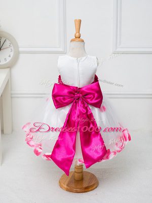 Tulle Sleeveless Knee Length Flower Girl Dresses for Less and Appliques and Bowknot and Hand Made Flower