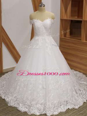 Off The Shoulder Sleeveless Wedding Gowns Brush Train Lace White Tulle