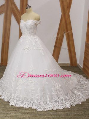 Off The Shoulder Sleeveless Wedding Gowns Brush Train Lace White Tulle