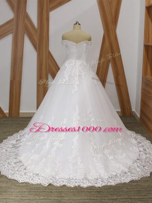 Off The Shoulder Sleeveless Wedding Gowns Brush Train Lace White Tulle