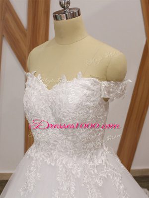 Off The Shoulder Sleeveless Wedding Gowns Brush Train Lace White Tulle