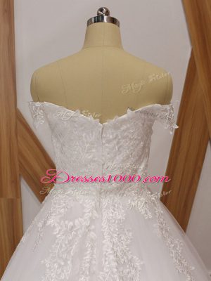 Off The Shoulder Sleeveless Wedding Gowns Brush Train Lace White Tulle