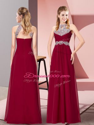 Sleeveless Chiffon Floor Length Backless in Wine Red with Beading