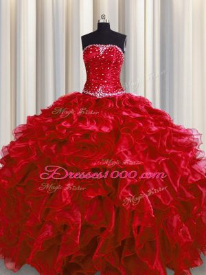 Wine Red Ball Gowns Strapless Sleeveless Organza Floor Length Lace Up Beading and Ruffles Quinceanera Dress