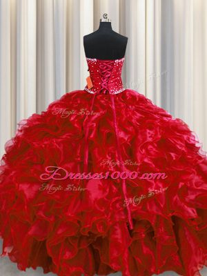 Wine Red Ball Gowns Strapless Sleeveless Organza Floor Length Lace Up Beading and Ruffles Quinceanera Dress