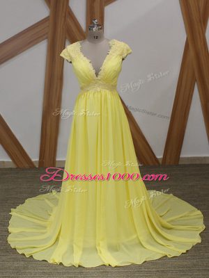 Glorious V-neck Short Sleeves Brush Train Zipper Prom Gown Yellow Chiffon