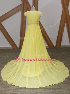 Glorious V-neck Short Sleeves Brush Train Zipper Prom Gown Yellow Chiffon