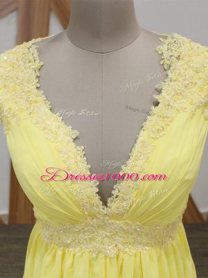 Glorious V-neck Short Sleeves Brush Train Zipper Prom Gown Yellow Chiffon