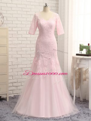 Baby Pink Half Sleeves Floor Length Lace and Appliques Zipper Mother Dresses