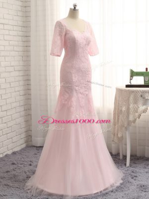 Baby Pink Half Sleeves Floor Length Lace and Appliques Zipper Mother Dresses