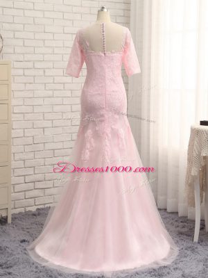 Baby Pink Half Sleeves Floor Length Lace and Appliques Zipper Mother Dresses