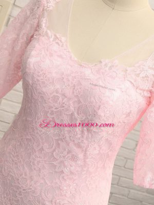 Baby Pink Half Sleeves Floor Length Lace and Appliques Zipper Mother Dresses