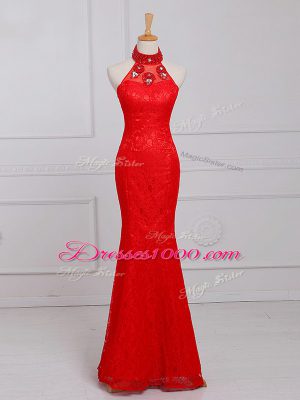Clearance Sleeveless Floor Length Beading and Lace Zipper Prom Party Dress with Red
