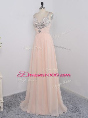 Peach Straps Neckline Sequins Evening Dress Sleeveless Zipper