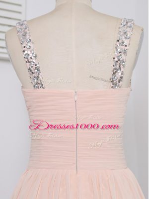 Peach Straps Neckline Sequins Evening Dress Sleeveless Zipper