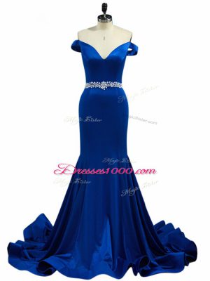 Royal Blue Prom Gown Off The Shoulder Sleeveless Brush Train Zipper