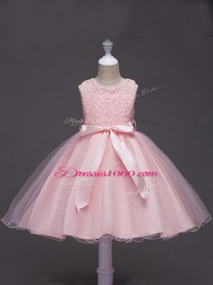 Baby Pink Zipper Scoop Lace and Belt Juniors Party Dress Tulle Sleeveless