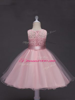 Baby Pink Zipper Scoop Lace and Belt Juniors Party Dress Tulle Sleeveless