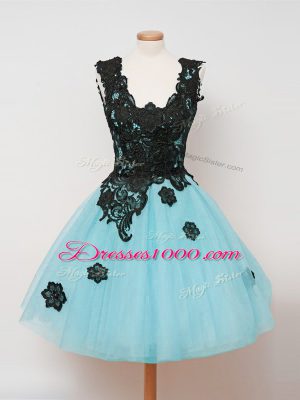 Wonderful Aqua Blue Ball Gowns Straps Sleeveless Tulle Knee Length Zipper Lace Wedding Guest Dresses