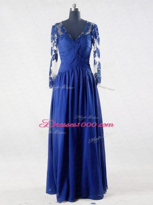 Flirting Blue Long Sleeves Floor Length Lace and Appliques Zipper Mother of Groom Dress
