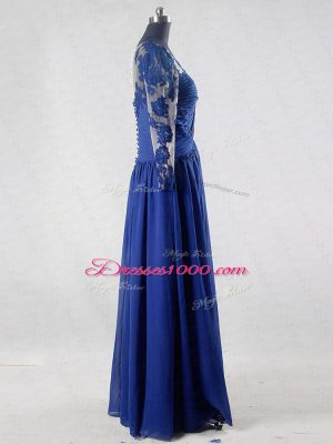 Flirting Blue Long Sleeves Floor Length Lace and Appliques Zipper Mother of Groom Dress