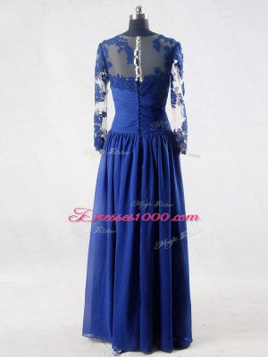 Flirting Blue Long Sleeves Floor Length Lace and Appliques Zipper Mother of Groom Dress