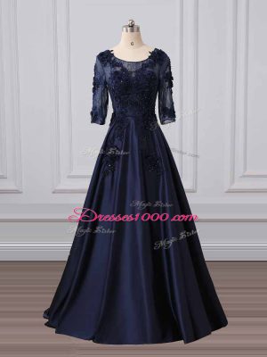 Customized Navy Blue 3 4 Length Sleeve Satin Brush Train Zipper Mother of Groom Dress for Party and Sweet 16