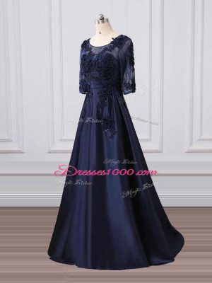 Customized Navy Blue 3 4 Length Sleeve Satin Brush Train Zipper Mother of Groom Dress for Party and Sweet 16