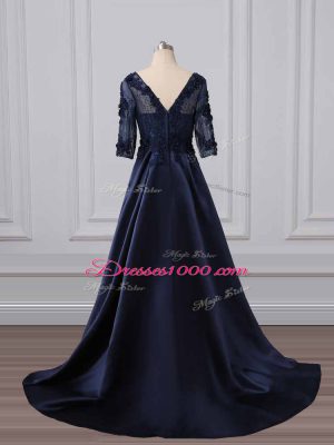 Customized Navy Blue 3 4 Length Sleeve Satin Brush Train Zipper Mother of Groom Dress for Party and Sweet 16