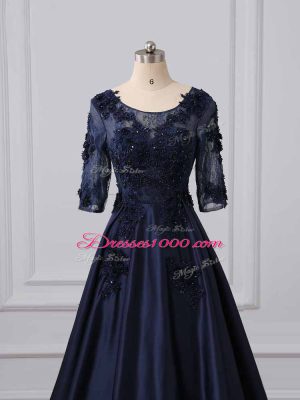 Customized Navy Blue 3 4 Length Sleeve Satin Brush Train Zipper Mother of Groom Dress for Party and Sweet 16