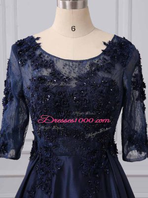 Customized Navy Blue 3 4 Length Sleeve Satin Brush Train Zipper Mother of Groom Dress for Party and Sweet 16