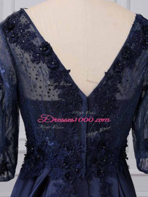 Customized Navy Blue 3 4 Length Sleeve Satin Brush Train Zipper Mother of Groom Dress for Party and Sweet 16