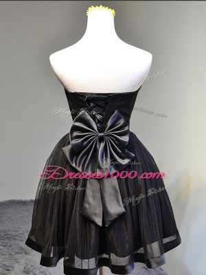 Chic Sleeveless Mini Length Ruching and Bowknot and Hand Made Flower Lace Up Prom Evening Gown with Black