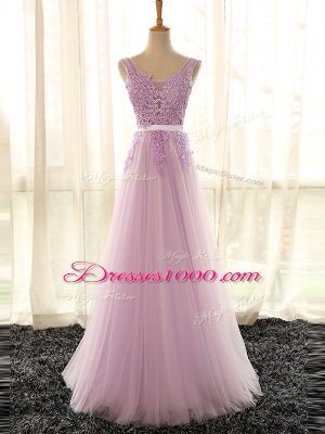 Exceptional Floor Length Lilac Court Dresses for Sweet 16 V-neck Sleeveless Lace Up