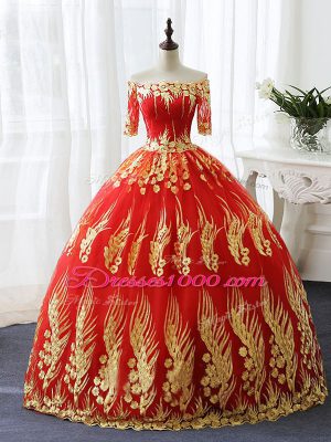 Half Sleeves Lace Up Floor Length Appliques Ball Gown Prom Dress