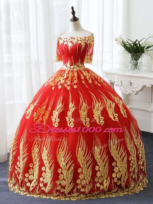 Half Sleeves Lace Up Floor Length Appliques Ball Gown Prom Dress