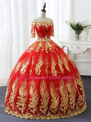 Half Sleeves Lace Up Floor Length Appliques Ball Gown Prom Dress