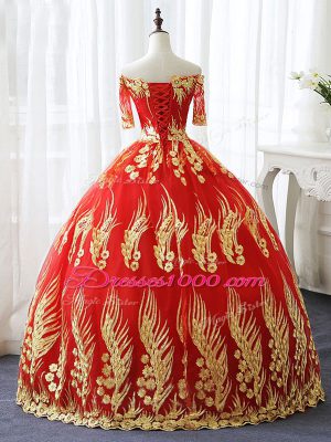 Half Sleeves Lace Up Floor Length Appliques Ball Gown Prom Dress