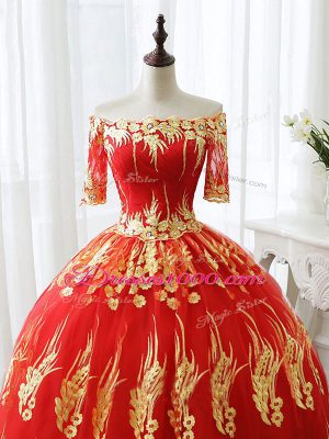 Half Sleeves Lace Up Floor Length Appliques Ball Gown Prom Dress