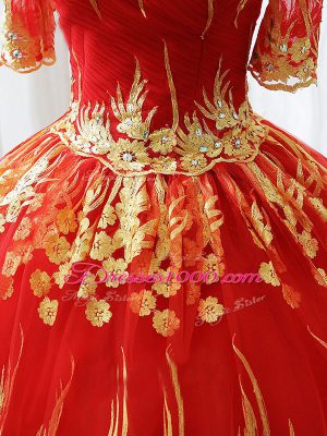 Half Sleeves Lace Up Floor Length Appliques Ball Gown Prom Dress