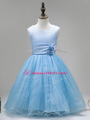 Sweet Sleeveless Floor Length Hand Made Flower Zipper Flower Girl Dress with Baby Blue