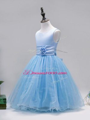 Sweet Sleeveless Floor Length Hand Made Flower Zipper Flower Girl Dress with Baby Blue