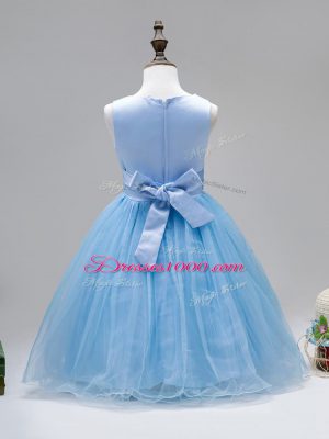 Sweet Sleeveless Floor Length Hand Made Flower Zipper Flower Girl Dress with Baby Blue