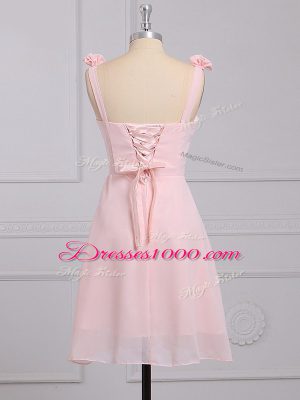 Baby Pink Lace Up Straps Hand Made Flower Dama Dress Chiffon Sleeveless